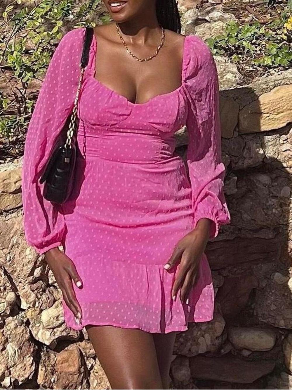 H&M Pink Swiss-Dot Puff-Sleeve Mini Dress